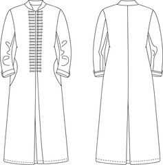 Long military style coat flat sketch front and back view technical fashion vector illustration for apparel design and garment template