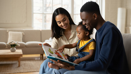 Happy diverse parents reading a colorful picture book to their smiling baby in a cozy living room.