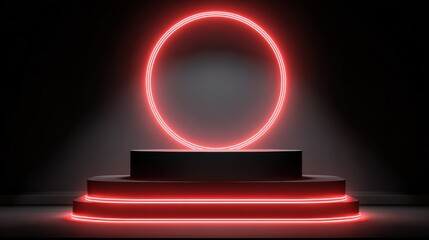 Obraz premium glowing red neon circle on podium