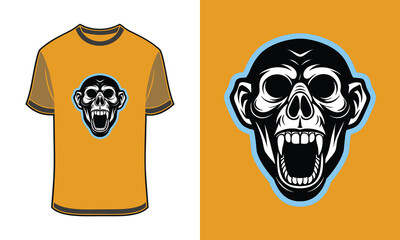 Bold monkey skull with wide jaw sharp teeth graphic design Tshirt mockup head face