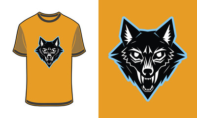 Aggressive Tshirt mockup wolf head logo with light blue outline orange vector