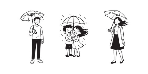 Family in Rain Vector Illustration – Parents and Children Holding Umbrella and Enjoying Rainy Weather in Minimal Line Art Style