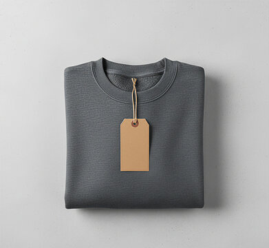 Charcoal crewneck sweatshirt mockup with a blank cardboard price tag. Top view flat lay for clothing brand design.