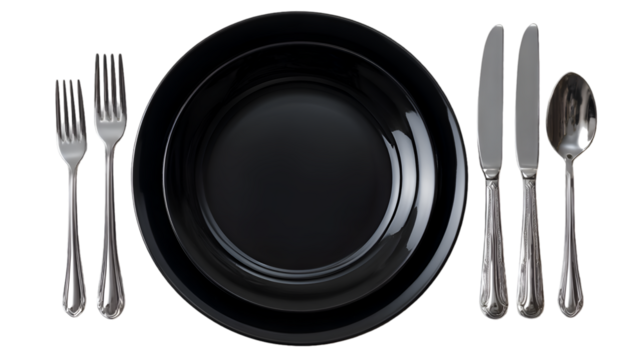 Elegant black plates with silver cutlery isolated on transparent background PNG