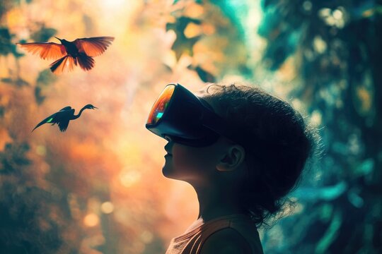 A child in a VR headset gazes at virtual birds flying through a vibrant, dreamlike forest, exploring immersive digital worlds.