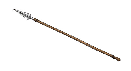 A traditional wooden spear with a sharp metal tip suitable for hunting and warfare.