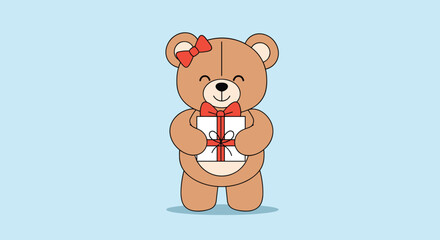 Fototapeta premium A cute teddy bear is holding a gift box.