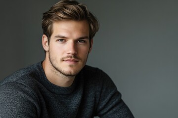 Fototapeta premium A handsome young man with striking light eyes, stylish hair, and a neatly trimmed beard gazes confidently. He wears a dark grey sweater.