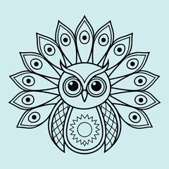 Whimsical Owl Illustration with Feathered Display A Stylized Bird of Prey Character Design with Intricate Patterns and a Light Blue Background