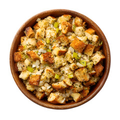 Delicious homemade stuffing in a wooden bowl, isolated on transparent background PNG