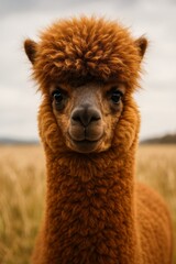 Brown alpaca portrait with fluffy wool standing in grassy field