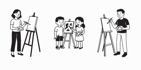 Family Painting Together Vector Illustration – Parents and Children Drawing and Painting on Easels in Minimal Line Art Style