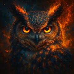Fiery owl glowing with orange light in cosmic fantasy artwork