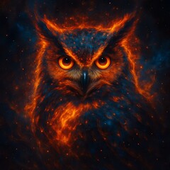 Mythical owl surrounded by fiery orange cosmic energy in dark space