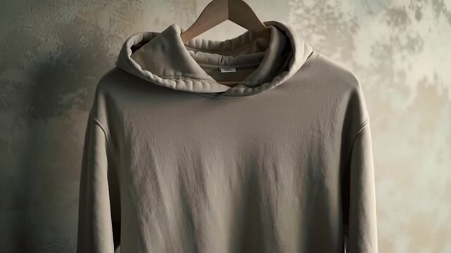 Plain cotton hoodie mockup hanging on neutral wall, soft natural light, isolated product shot, clean ecommerce style, product stock video
