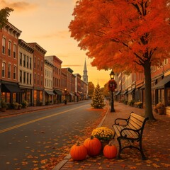 Autumn street scene with orange leaves, pumpkins, and cozy atmosphere
