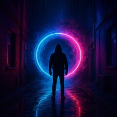 Man standing in neon-lit alley facing glowing blue and pink energy ring