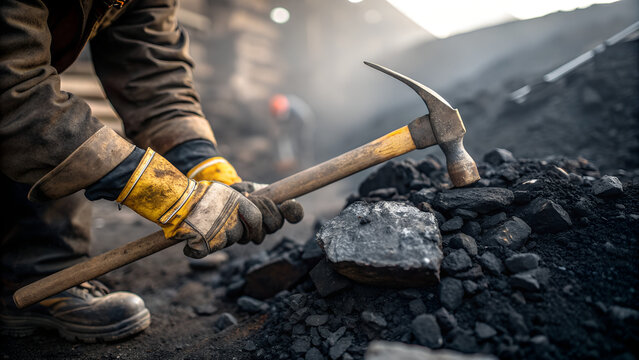 Close-up of a miner’s gloved hands gripping a pickaxe, striking a rugged coal seam, with coal dust scattering in soft light.
 - Powered by Adobe