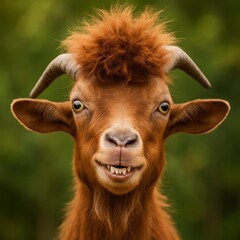 Funny goat portrait with messy hairstyle and toothy smile outdoors