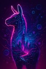 Futuristic neon llama digital art with glowing purple and blue cyber city