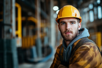 Young Construction Worker in Yellow Hard Hat with Blue Eyes and Plaid Shirt