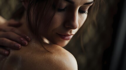 Close up of a woman s shoulder and neck receiving a gentle massage with hands in soft intimate lighting highlighting skin texture and moisture