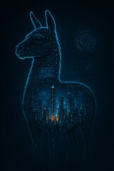 Digital artwork of futuristic llama with glowing neon blue circuit city
