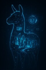 Futuristic digital llama silhouette with neon blue cityscape interior