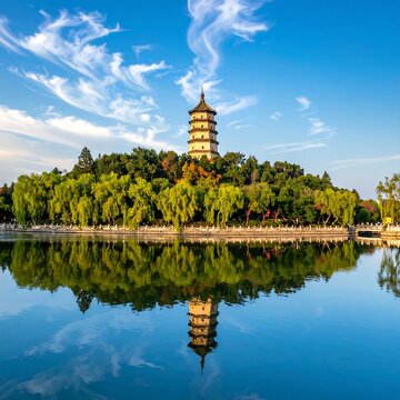 Iconic multi-tiered pagoda reflected in serene water beneath a blue sky