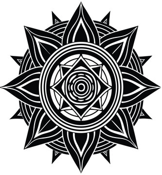 Intricate black and white abstract geometric mandala design featuring a stylized lotus flower motif with radiating symmetrical patterns, perfect for spiritual, decorative, or creative projects