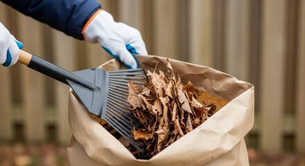 Person in gloves using a small rake to gather and transfer dry autumn leaves into a brown paper yard waste bag during fall yard cleanup.