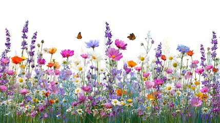 Vibrant summer meadow with colorful wildflowers and fluttering butterflies, perfect for spring designs, isolated on transparent background PNG