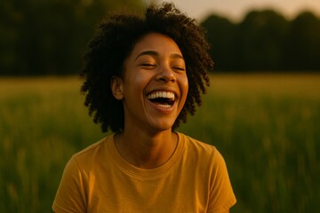Happy woman laughing in nature during golden sunset light