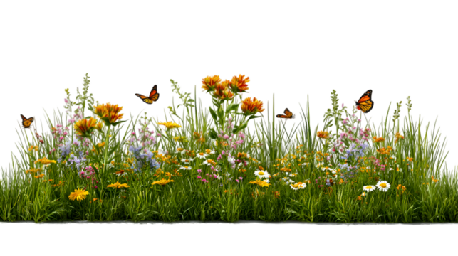 Beautiful wildflower meadow scene with butterflies fluttering amid lush green grass, isolated on transparent background PNG