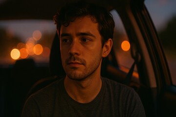 Man sitting in car at night looking thoughtful with blurred city lights