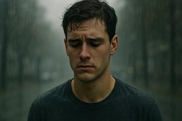 Sad man standing in rain looking down with somber expression