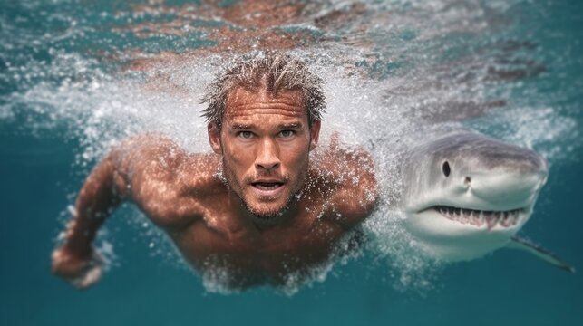 Man is swimming in the ocean with a shark behind him. The shark is large and has its mouth open. The man is in the water and he is in a state of shock - Powered by Adobe
