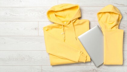 Yellow Hoodies  Laptop on White Wood Background.