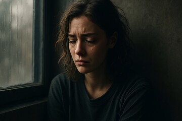Sad woman sitting by window with tears on face in dim light