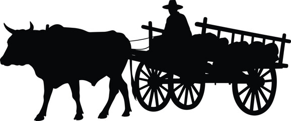 Fototapeta premium Ox-cart silhouette illustration, traditional rural transport scene, countryside farming artwork, manual labor concept, nature and heritage icon