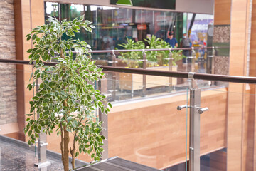 Indoor plant display and modern balcony railing in contemporary shopping mall setting.