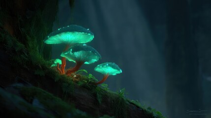 Glowing mushrooms illuminated in a dark forest scene fantasy illustration