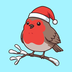 Cute Cartoon Robin Bird Wearing Santa Hat on Snowy Branch.