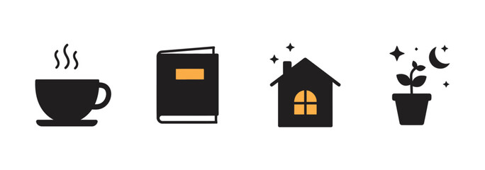 Cozy Home Life Icons: Coffee Book House and Plant.
