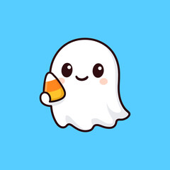 Cute Cartoon Ghost Holding Candy Corn on Blue Background.