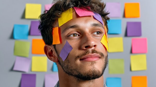Man with a colorful face covered in sticky notes. The sticky notes are in various colors and are covering his face. The man is looking at the camera with a smile on his face