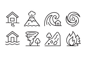 Natural Disasters Icons Earthquake, Volcano, Tsunami, Hurricane, Flood, Tornado, Landslide, Wildfire