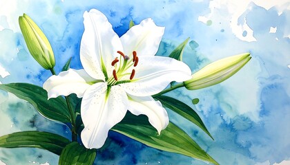 Elegant White Lily Watercolor Painting with Buds and Green Leaves.