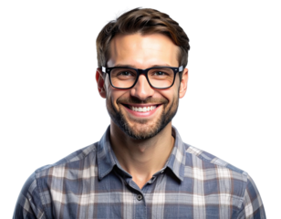 - Smiling Man with Glasses Facing Forward, Studio Portrait on Transparent Background