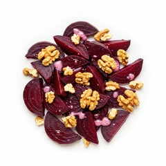 Sliced beet salad with walnuts and yogurt dressing on white background, healthy vegan appetizer, vibrant root vegetable plate, plant-based holiday side dish, clean eating